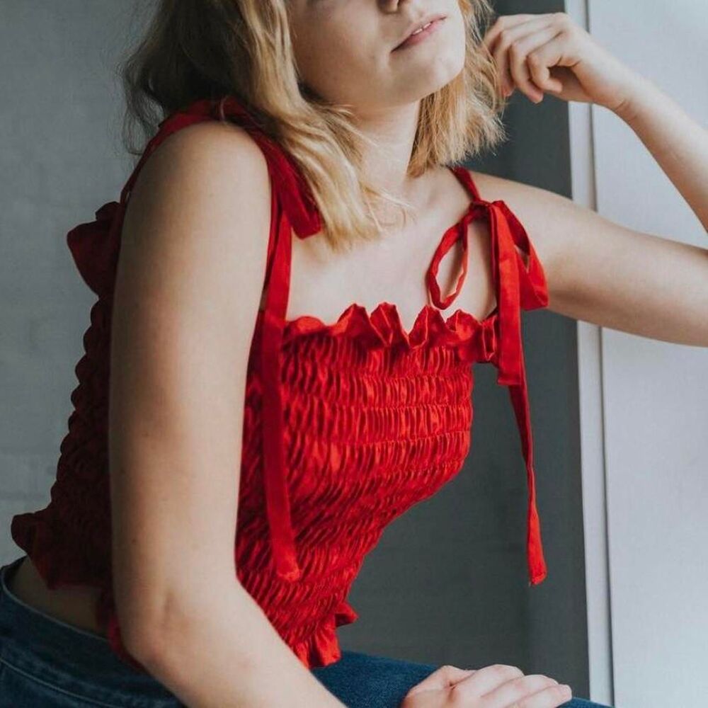 red handmade ruffle ruched tie strap top❤️
